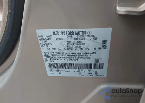 2007 Ford Edge Sel from USA, damaged, VIN 2FMDK38C17BB00530